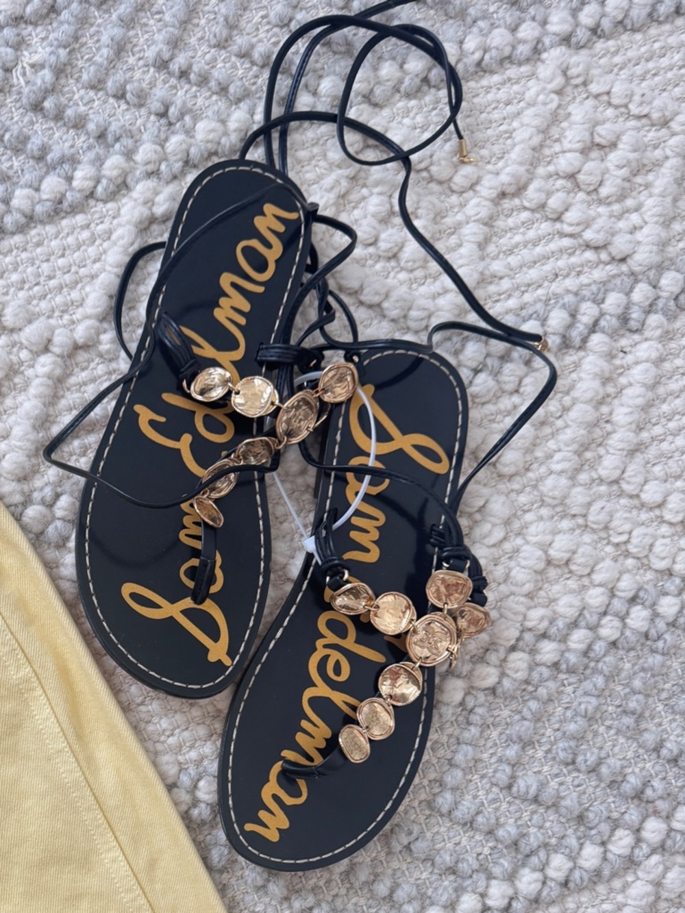 Sam Edelman Black Lace-Up Sandals with Gold Disc Accents